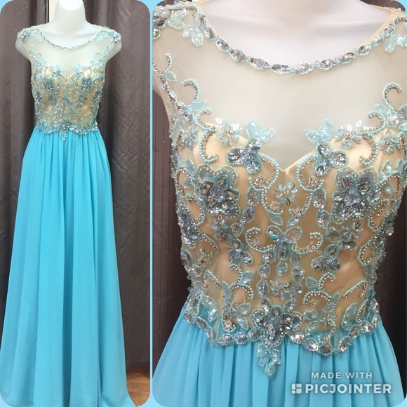 serendipity Dresses & Skirts - Long chiffon turquoise prom dress beaded top Sz 4